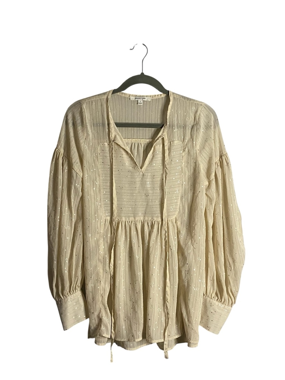 Zoe and Claire Women’s Cream Metallic Stripe Babydoll Peasant Blouse